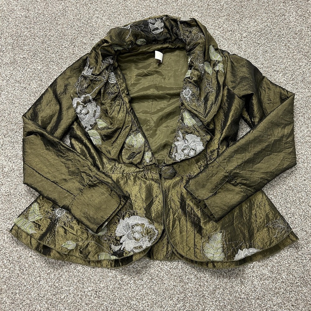 Design Today's Blazer Jacket Womens M Green Floral Embroidered Short Lined
